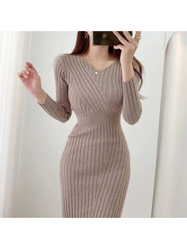Korean Chic Early Autumn New Vintage V-Neck Waist Design Slim Fit And Slim Wrap Hip Long Sleeve Knitted Dress For Women