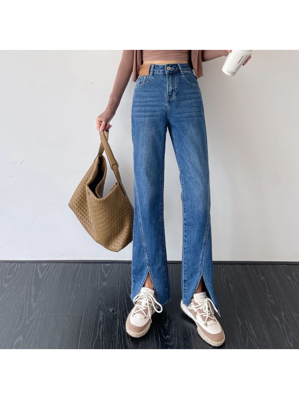 Qingchuangli 2023 Autumn And Winter New High Waist Split Jeans Spring And Autumn Stretch Slim Design Wide Leg Pants For Women