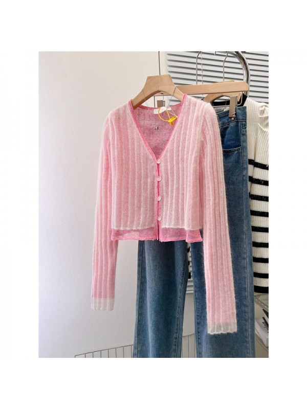 Da Xi's Unique Top Design Feels Small, V-Necked, Unique, Fashionable, Fashionable, And Playful Pink Knitted Cardigan For Women In Early Autumn