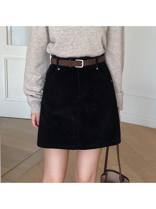 Les A-Line Short Skirt For Women, Small And Slim Corduroy Short Skirt With High Waist Design, Autumn Half Skirt For Women, Free Belt