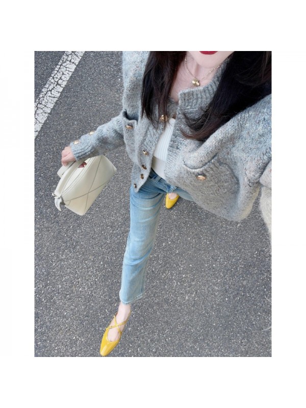Autumn 2023 New Grey Fragrant Soft Glutinous Knitted Sweater Cardigan Coat Women's Loose And Lazy Style Advanced Sense