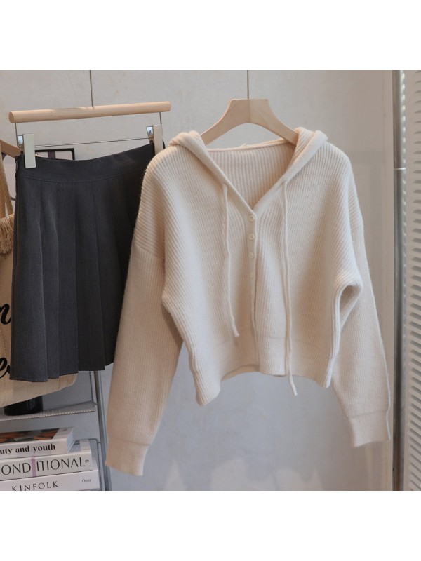 Short Hooded Sweater Jacket Women's Autumn And Winter New College Style Loose Fitting Single Breasted Sweater Knitted Jacket Cardigan