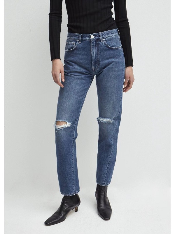 Nordic Toteme Original Commuting Simple Versatile Slim Mid High Waist Twist Stitched Jeans For Women