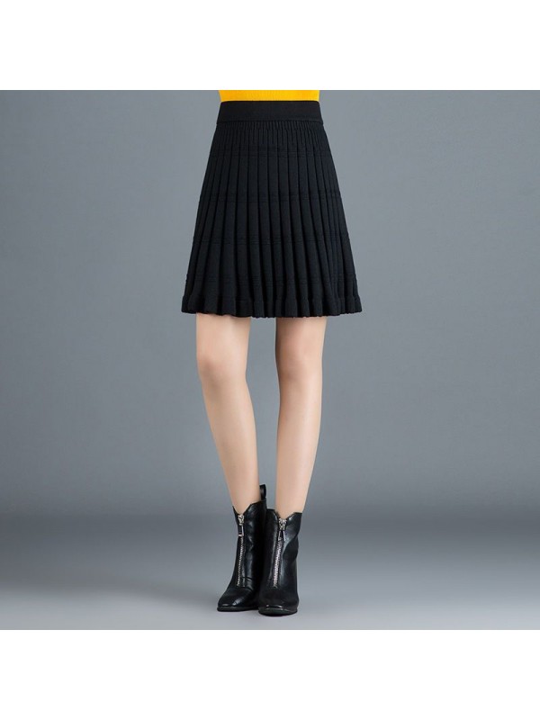 A-Line Skirt Short Knitted Short Skirt Women's High Waist Pleated Half Skirt Autumn/Winter 2023 New Slim Woolen Large Swing Skirt