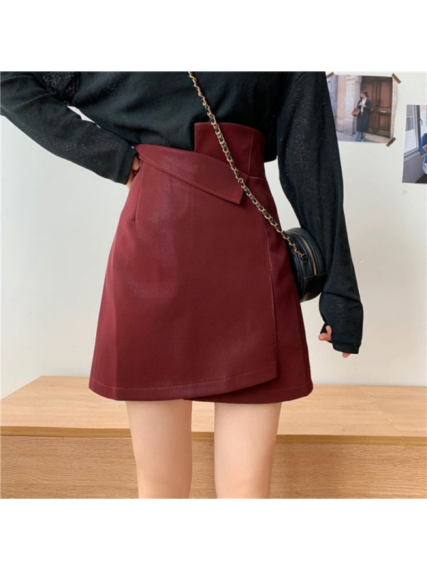 Autumn And Winter New High Waist Slim PU Women's Design Sense Irregular Skirt Retro Red Short Skirt Trend