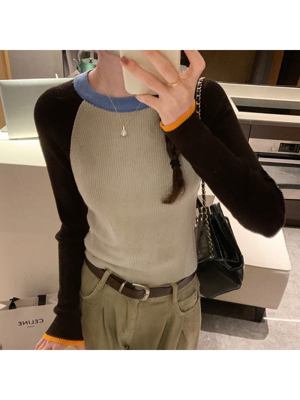 Design Contrast Raglan Sleeves Woolen Top For Women's 2023 Autumn/Winter New Underlay Laydown Shirt Slim Fit Sweater