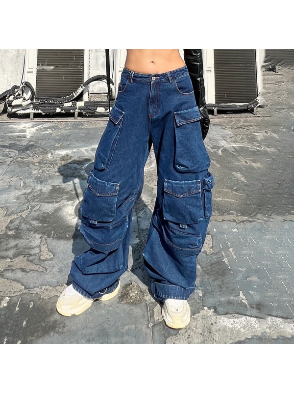 Personalized Stitching Denim Pants 2023 Autumn New Fashion High Waist Large Pocket Loose Casual Wide Leg Pants Women's Wear