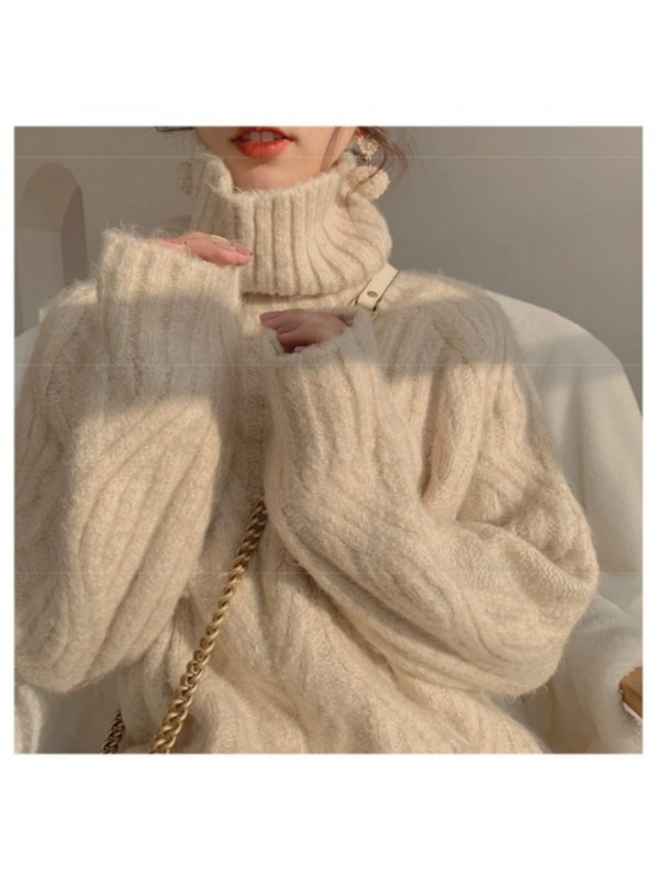 Soft Waxy High Neck Sweater For Women In Autumn And Winter Lazy Wind Loose Wear Thick Warm White Fried Dough Twists Pullover Sweater