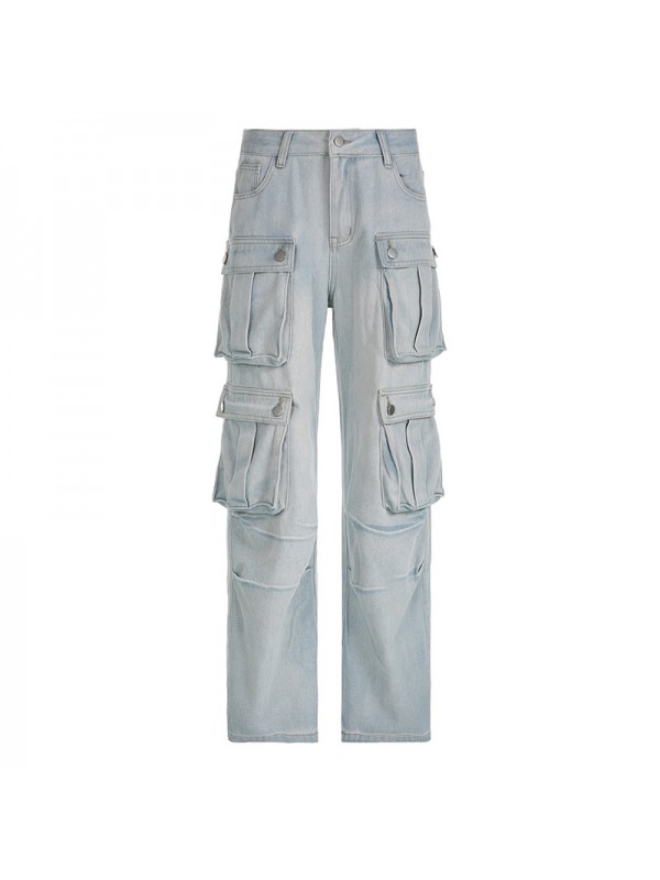 2023 Summer New High Waist Zipper Split Panel Multi Pocket Straight Tube Loose Street Fashion Denim Pants For Women