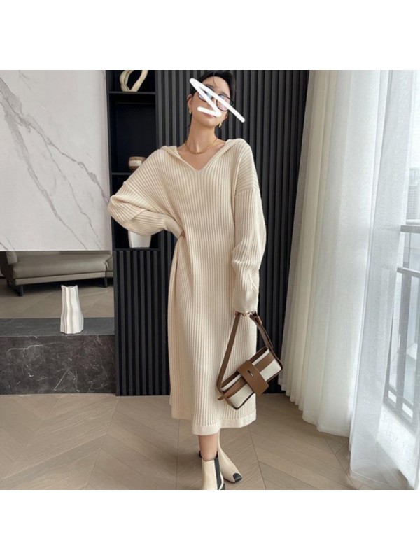 Korean Lazy Style Hooded Knitted Dress Women's Autumn/Winter 2023 Mid Length Over Knee Fashion Casual Sweater Long Dress