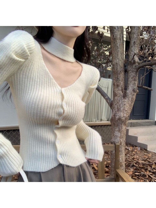 Xiaoxiangfeng French Style Bubble Sleeved Knit Sweater With Unique Autumn And Winter Style Collar And Hanging Neck Bottom For Women's Inner Layer, Sweet Sweater