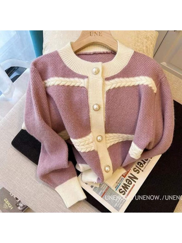 2023 Fashion Small Fragrant Wind Fragrant Taro Color Sweater Cardigan Women's Autumn New Design Sense Small Group Heart Machine Knitwear
