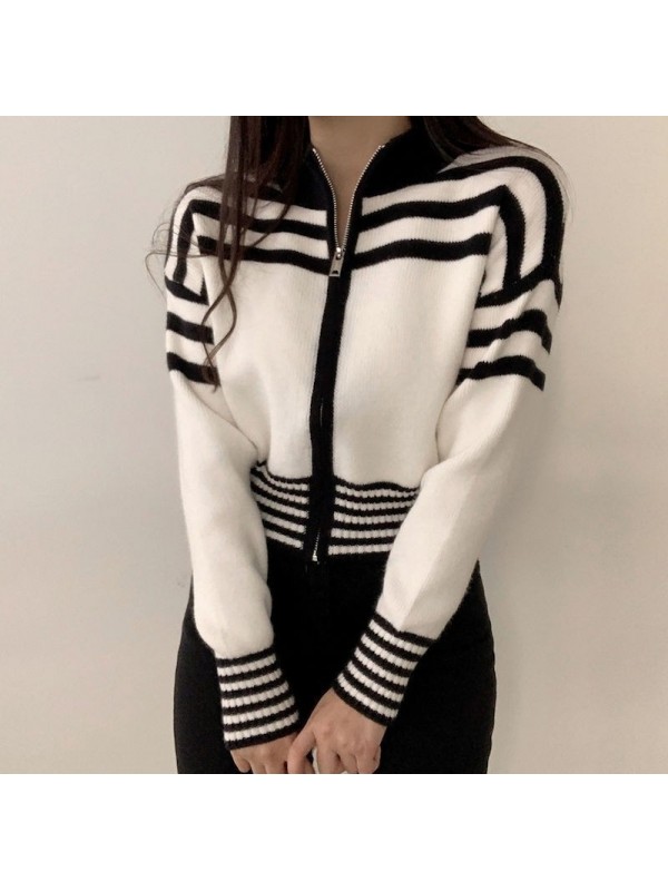 Hong Kong Style Chic Winter Retro Contrasting Color Zipper Stand Up Collar Waistband Short Sleeved Striped Knit Sweater Outerwear For Women