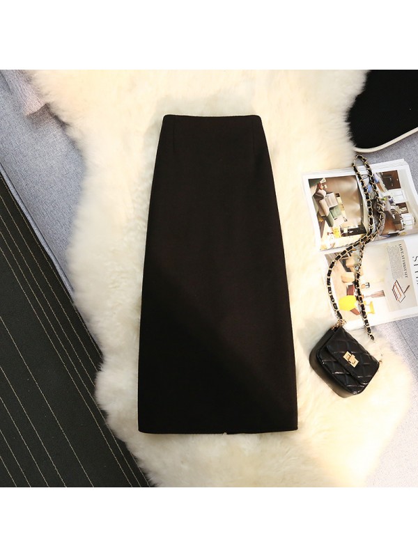 Woolen Half Length Skirt For Women's Mid Length 2023 New High Waisted Split Straight Tube One-Step Skirt With Buttocks, Thickened In Autumn And Winter
