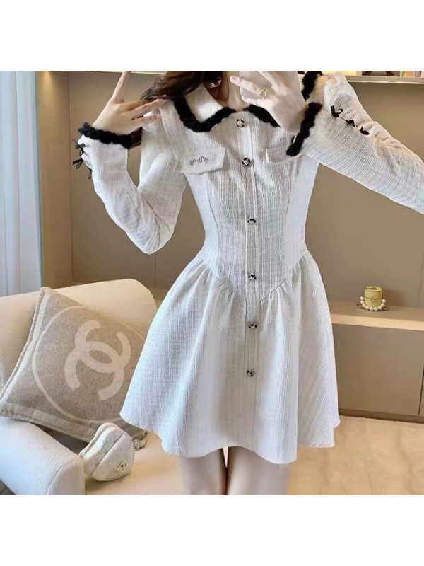 2023 New White Fragrant Doll Neck Dress For Spring And Autumn Dresses, Small Figure Design, Pure Desire Short Skirt For Women