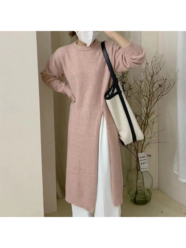2023 Autumn/Winter New Slouchy Loose Mid Length Split Knitted Dress Fashion Simple Over Knee Woolen Dress