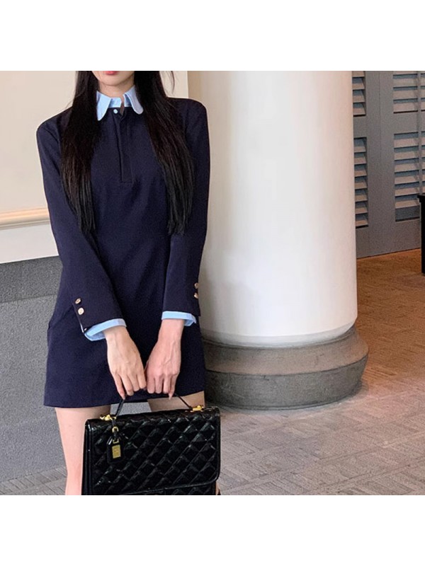 2023 Autumn New College Style Contrast Color High End Feeling Slim Waist And Small Crowd Fake Two Piece Suit Dresses For Women