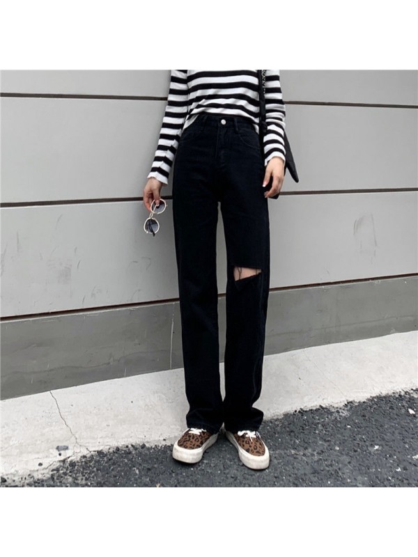 Oversized Vintage Washed Torn Jeans For Women With Summer High Waisted Design, Straight Tube Loose Fitting Wide Leg Pants, Floor Mop Pants