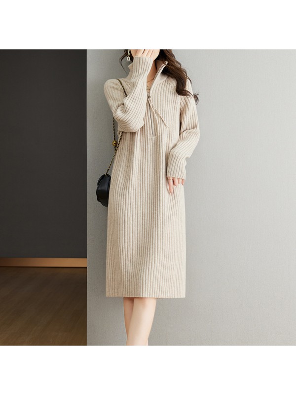 Knitted Dress Mid Length 2023 Autumn/Winter New Half Zipper Loose Relaxed Long Sleeve Standing Neck Woolen Dress For Women