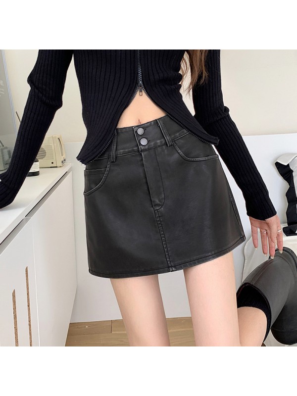 Spicy Girl Retro Old Made Black PU Leather Short Skirt For Women 2023 Autumn/Winter New High Waist Double Button Wrap Hip A-Line Half Length Skirt