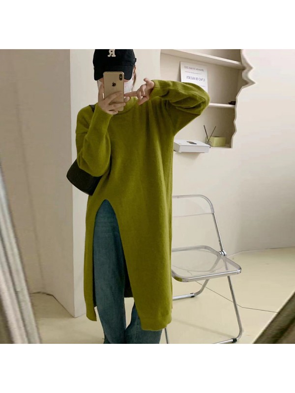 2023 Autumn/Winter New Slouchy Loose Mid Length Split Knitted Dress Fashion Simple Over Knee Woolen Dress