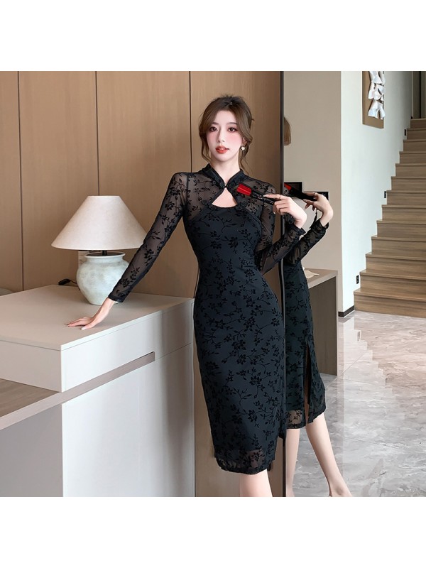 New Chinese Style Retro Chinese Style Flocking Improved Cheongsam Dress For Women's Autumn New Style Temperament High-End Split Cut Dress