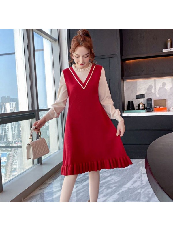 Autumn And Winter Knitted Skirt 2023 New Large Women's Fatty Mm Fashion Age Reducing Colored Round Neck Fake Two Piece Dress