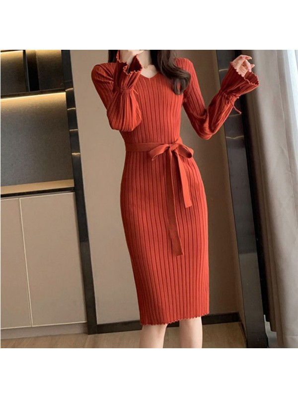 Flare Sleeves Small Fragrant Pink Knitted Dress Autumn New 2023 Waist Style Slim Fit V-Neck Wrap Hip Skirt