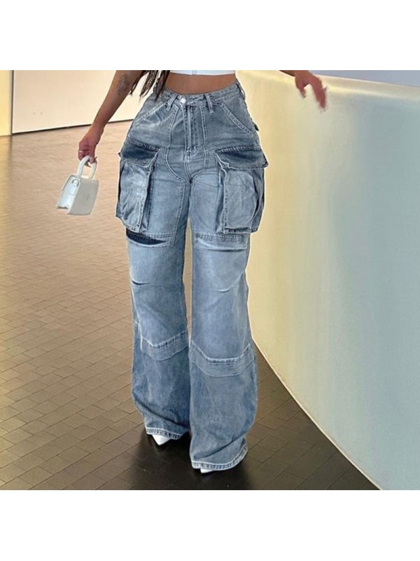 2023 Summer New High Waist Zipper Split Panel Multi Pocket Straight Tube Loose Street Fashion Denim Pants For Women