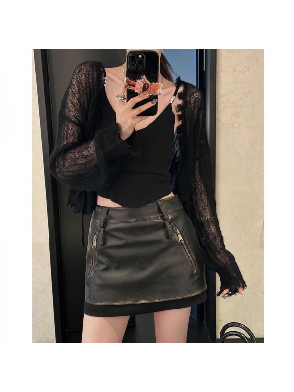 (Luoman) Miu Style Paired With Wanjin Oil Brushed PU Leather Skirt For Women's Autumn Retro A-Line Skirt