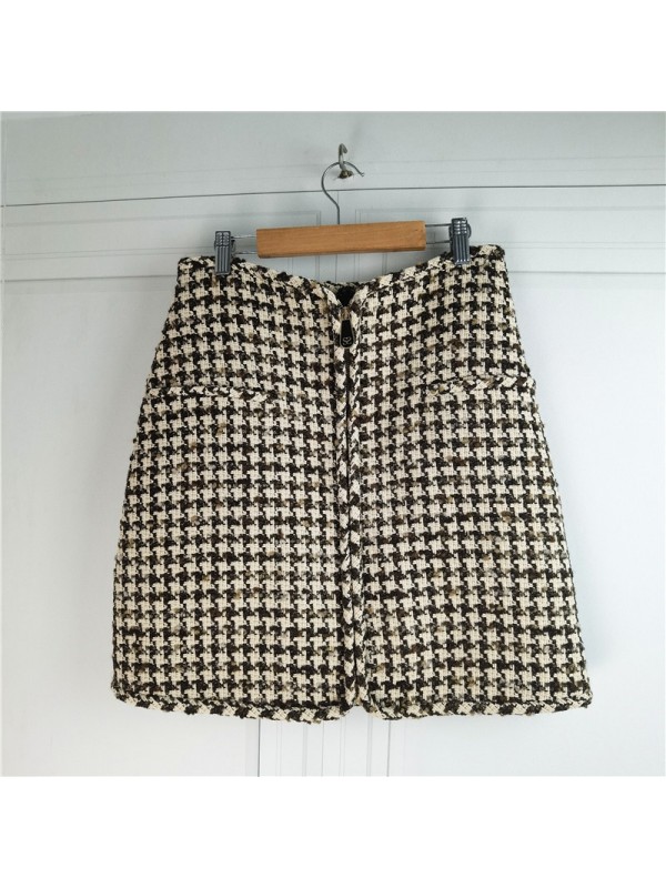 Autumn/Winter 22 New French Single S Home French Classic Khaki Bird Plaid Fleece Wrapped Hip High Waist Skirt In Stock
