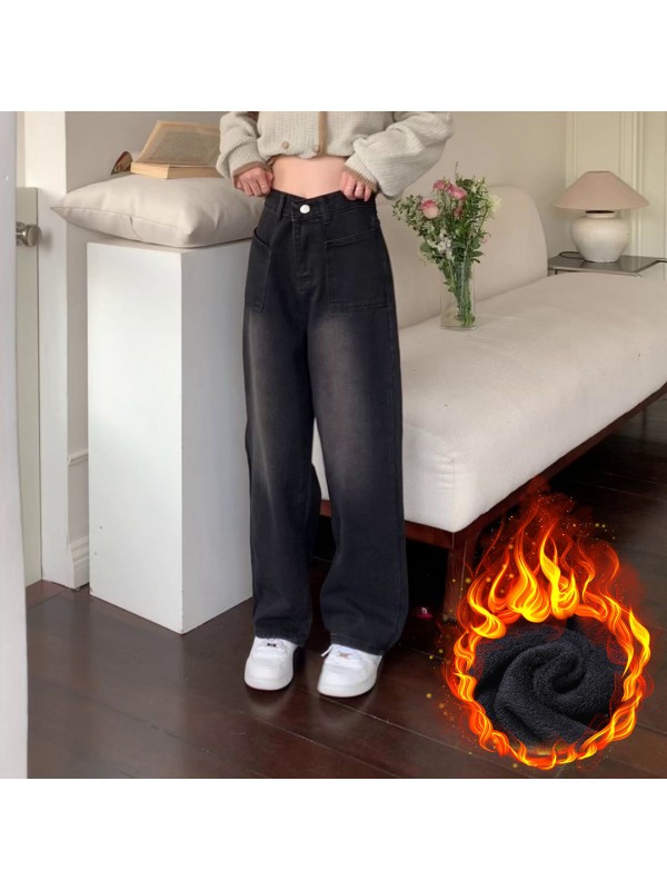 American Style Black Straight Tube Plush Jeans For Women In Autumn And Winter, New Loose And Slim, Versatile High Waisted Wide Leg Mop Pants Trend