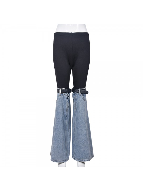 11014 Nazada Cross Border European And American Women's Fashion Trend Personalized Denim Splice Elastic Waist Slim Horn Jeans