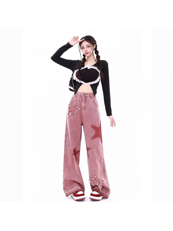 American Vintage Star Embroidered Jeans For Women Early Autumn New Dopamine Wear High Waist Loose Leg Pants