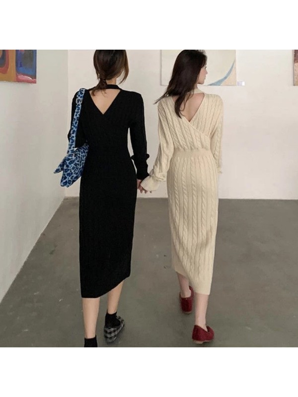 Korean Personalized Versatile Round Neck Fried Dough Twists Pattern Two Way Front And Back Design Careful Machine Split Sweater Dress Women