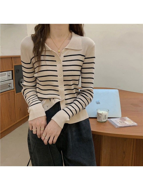 French Polo Neck Striped Knitted Cardigan For Women In Autumn And Winter 2023 New Literary Retro Gentle Short Sweater Jacket
