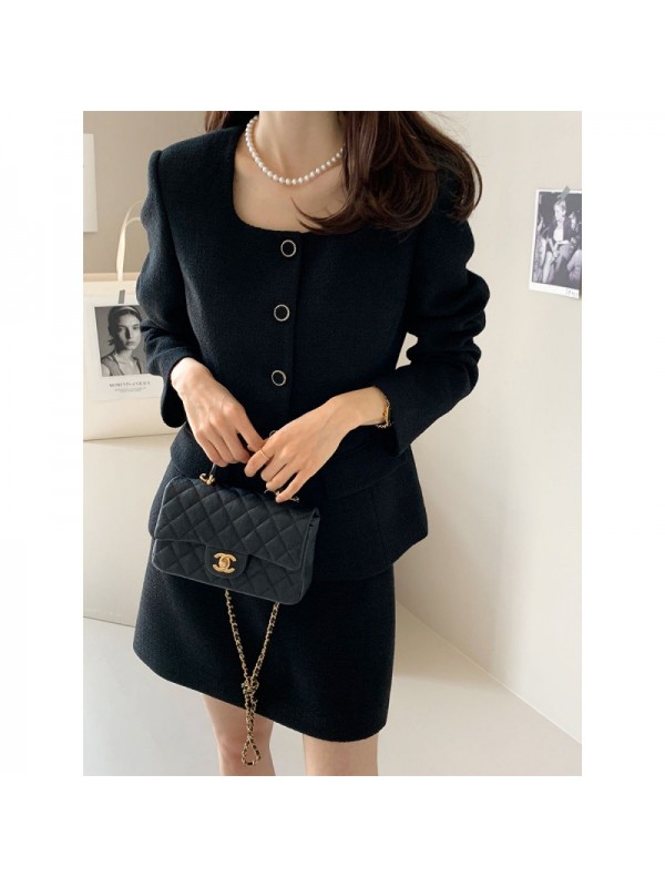 Korean Chic Autumn/winter French Retro Square Neck Single Breasted Tweed Jacket+high Waisted Slim A-Line Skirt For Women