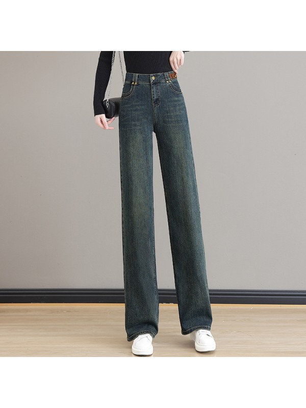 Cement Grey Straight Barrel Jeans For Women 2023 Spring And Autumn New Vintage High Waist Slim Casual Narrow Wide Leg Pants With Velvet