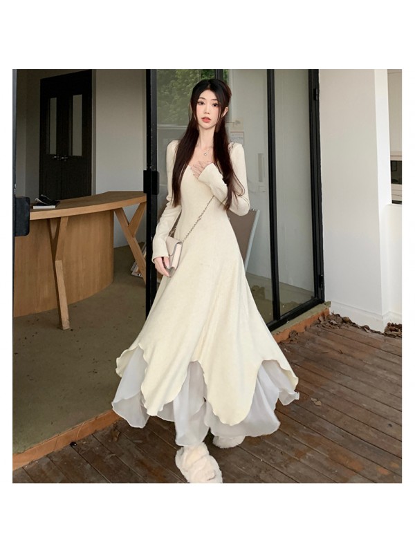 Design Irregular Square Neck Knitted Dress Women's Early Autumn Temperament Slim Fit And Gentle Style Long Dress