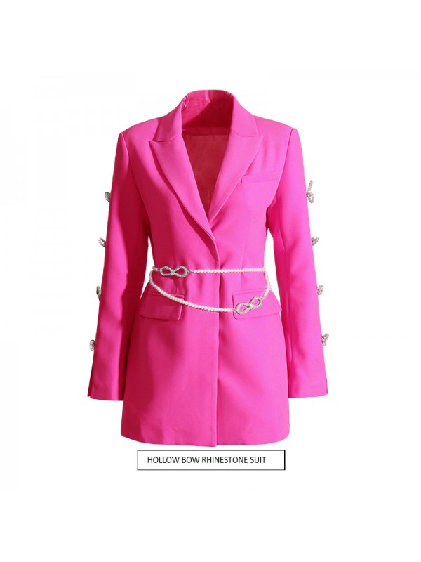2023 Autumn New Design Sense Temperament Cutout Bow Knot Rhinestone Sleeves Pearl Belt Suit Dress Women