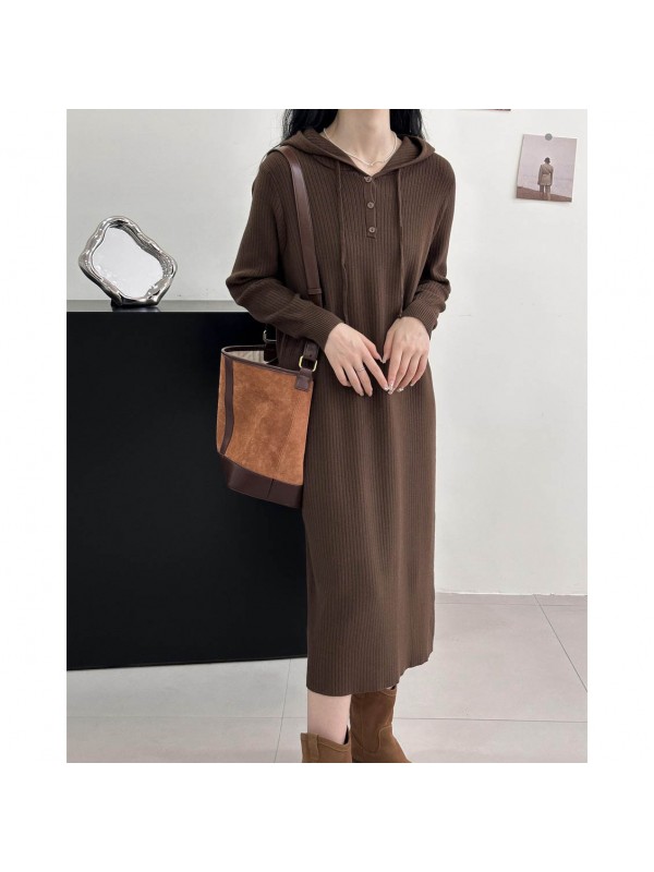 2023 Autumn/Winter New Hooded Knitted Dress For Women's Fashion, Leisure, Lazy, Loose Fitting Long Underlay Woolen Dress