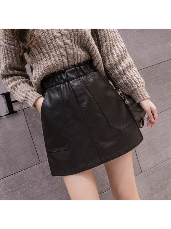 Elastic Waist Spring Leather Skirt Half Skirt Women's 2023 Autumn/Winter Wrap Hip High Waist Slim Line Skirt Large Khaki Short Skirt