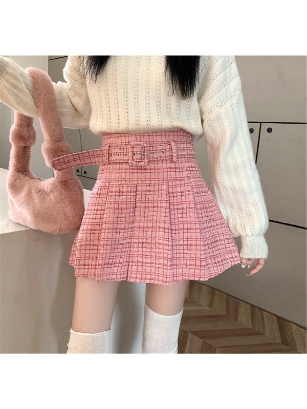Real Time 2023 Xiaoxiangfeng Pink Pleated Half Skirt Women's Autumn And Winter New High Waist Slim Versatile A-Line Short Skirt Women