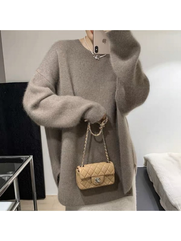 Korean Version Gentle And Lazy Autumn And Winter New Niche Design Knit Shirt Solid Color Top Medium Length Pullover Sweater For Women