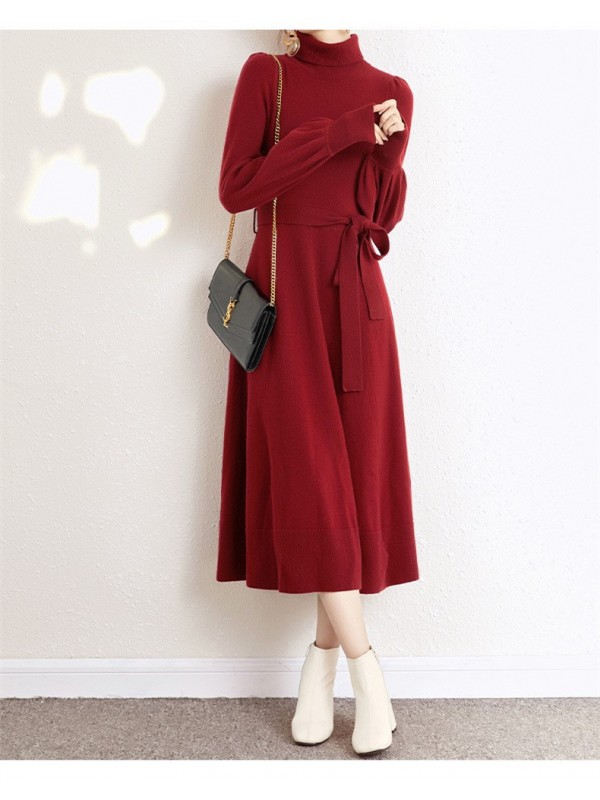 Design Sense Flipped High Neck Knit Dress 2023 Autumn/Winter New Loose Swing Mid Length Woolen Dress