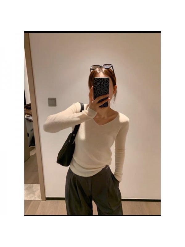 White Round Neck Wool Bottom Sweater For Women In Autumn And Winter With Long Sleeves And Over Shoulder Knitted Sweater, Slim Fitting Short Top