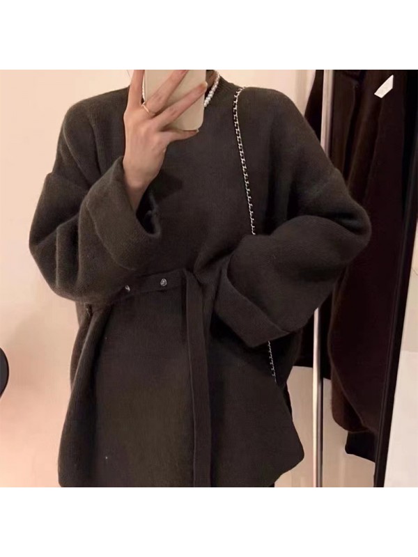 2023 Autumn And Winter New Korean Solid Round Neck Large Knitted Pullover Top For Women Lazy Lace Up Sweater For Women