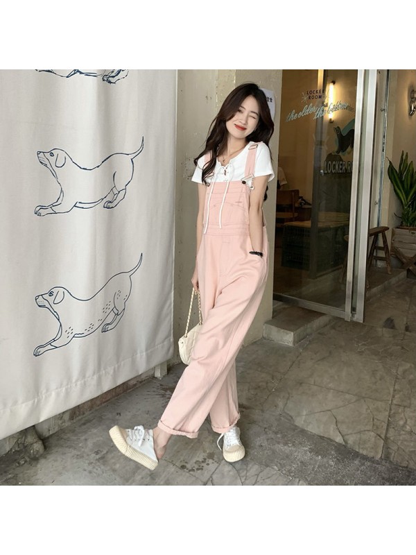 2023 Spring/Summer New Pink Denim Strap Pants For Women's Korean Version Loose Fit, Small, Reduced Age, High Waist, Straight Fit Jumpsuit