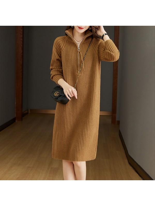 Knitted Dress Mid Length 2023 Autumn/Winter New Half Zipper Loose Relaxed Long Sleeve Standing Neck Woolen Dress For Women