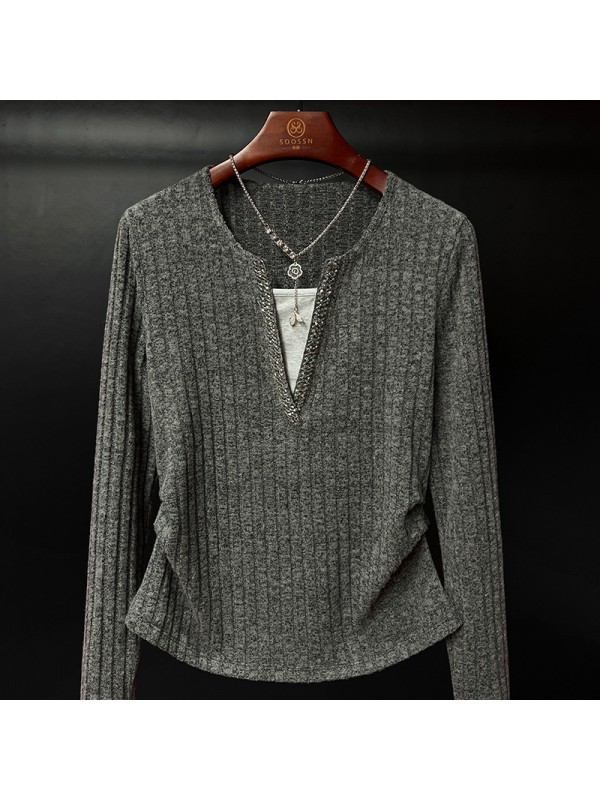 2023 New Autumn Underlay Shirt, Shoulder Long Sleeve Knit, V-Neck Design, Spliced Fake Two Piece Top
